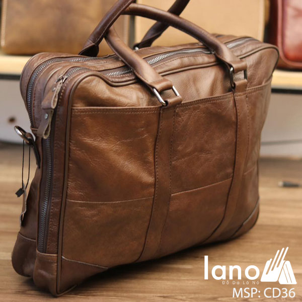 Cặp da nam công sở cao cấp da thật đựng laptop 15 inch CD36 nghiêng nâu