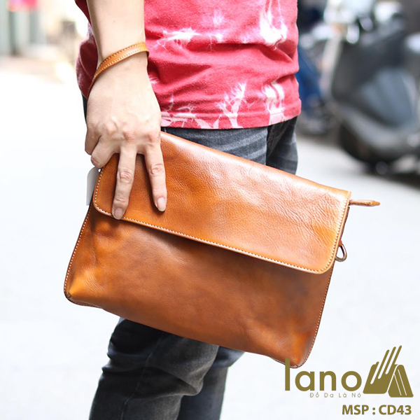 Cặp da nam clutch bag đeo chéo cầm tay da thật sang trọng CD43 vàng xách tay