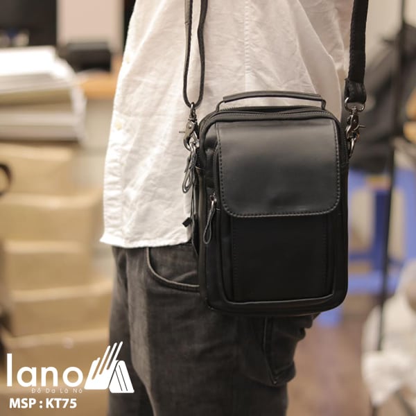 Túi da nam đeo chéo mini loại nhỏ KT75 đen - đeo vai