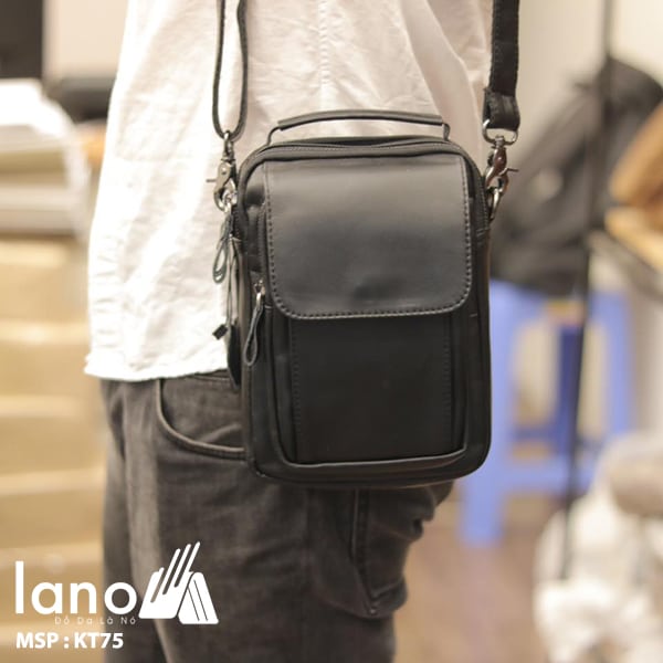Túi da nam đeo chéo mini loại nhỏ KT75 đen - đeo vai