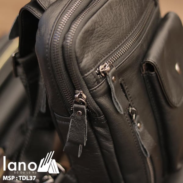 Túi đeo trước ngực nam Lano da bò thật 100% TDL37 đen - cạnh bên