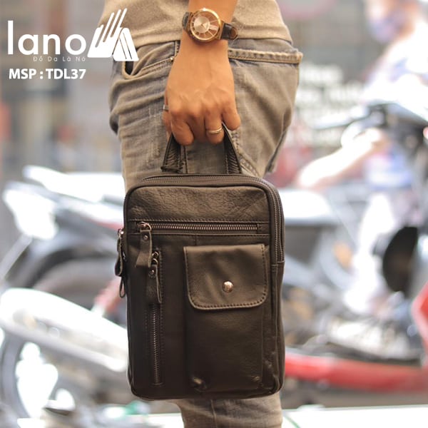 Túi đeo trước ngực nam Lano da bò thật 100% TDL37 đen - xách tay