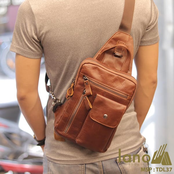 Túi đeo trước ngực nam Lano da bò thật 100% TDL37 đỏ - đeo lưng