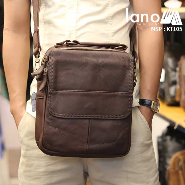 Túi da đeo chéo nam Lano lịch lãm cuốn hút KT105 nâu - đeo trước