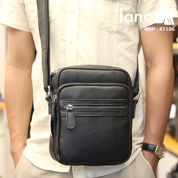 Túi da nam đeo chéo giá rẻ Lano sang trọng thời trang KT106 đen - đeo chéo trước