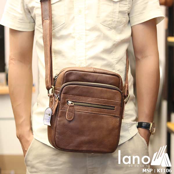 Túi da nam đeo chéo giá rẻ Lano sang trọng thời trang KT106 nâu - đeo trước
